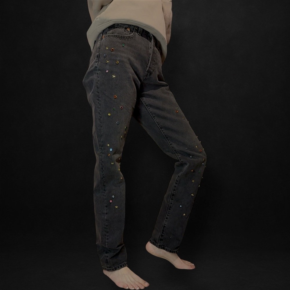 Levis 501 Original Fit Studded Jeans 26x32 Black Glitter Bomb Stars Gems VGUC